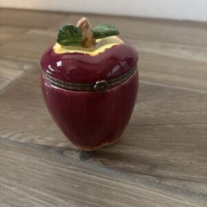 Vintage Hinged Ceramic Apple Trinket Box 5"T at tip of stem